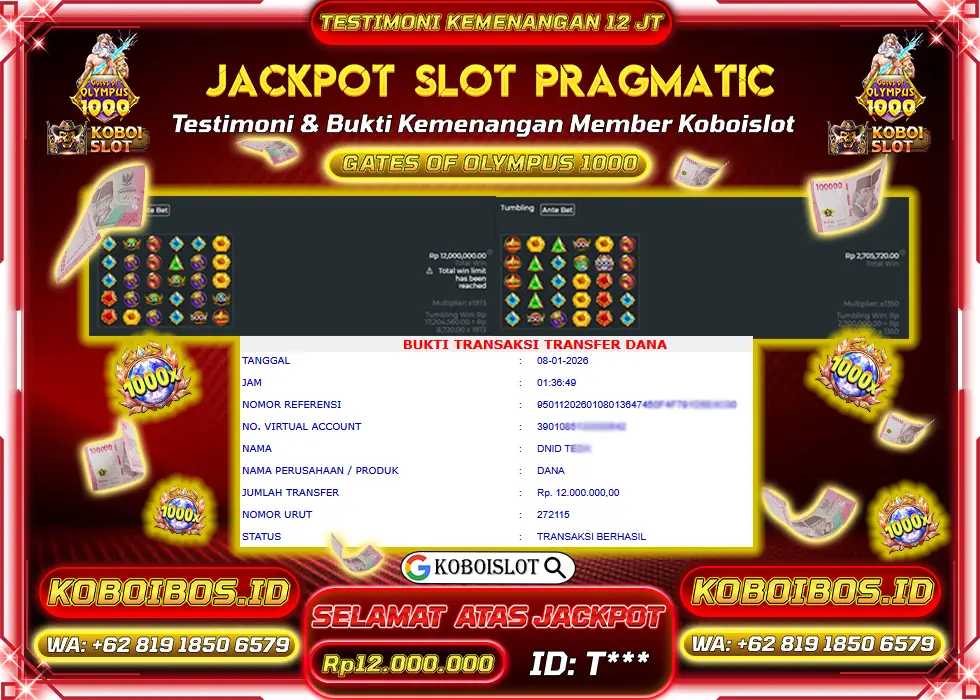 BUKTI KEMENANGAN ID T*** SLOT GACOR GATES OF OLYMPUS 1000 Rp12.000.000,- LUNAS